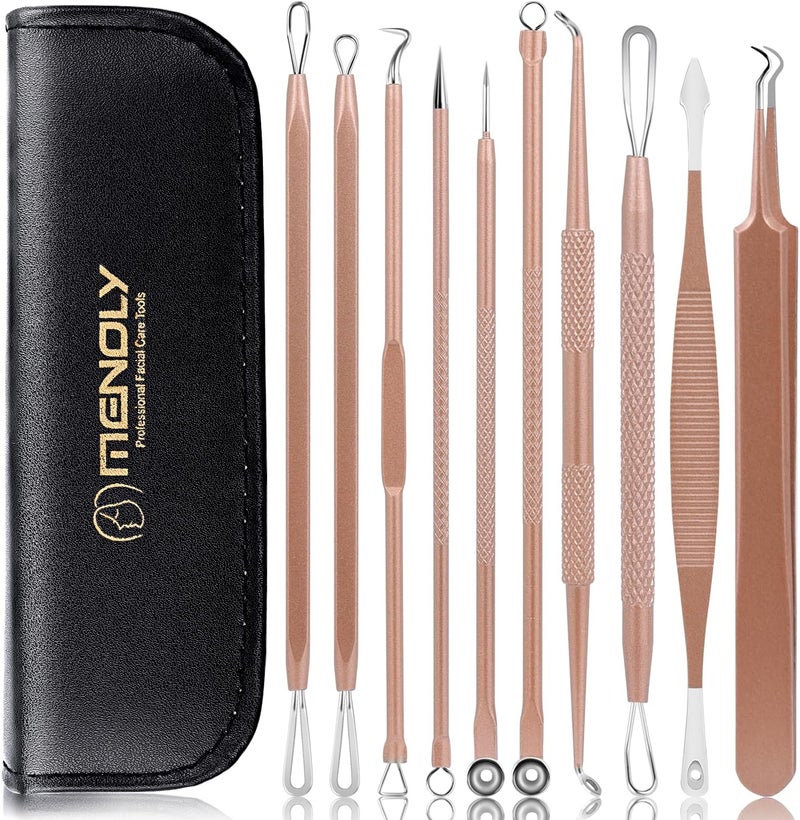 MENOLY Pimple Popper Tool Kit, 10 Pcs Blackhead Remover Comedone Extractor Acne Removal Kit for Blemish, Whitehead Popping,Zit Removing for Nose Face Tools with a Leather Bag (Rose Gold) - Image 1